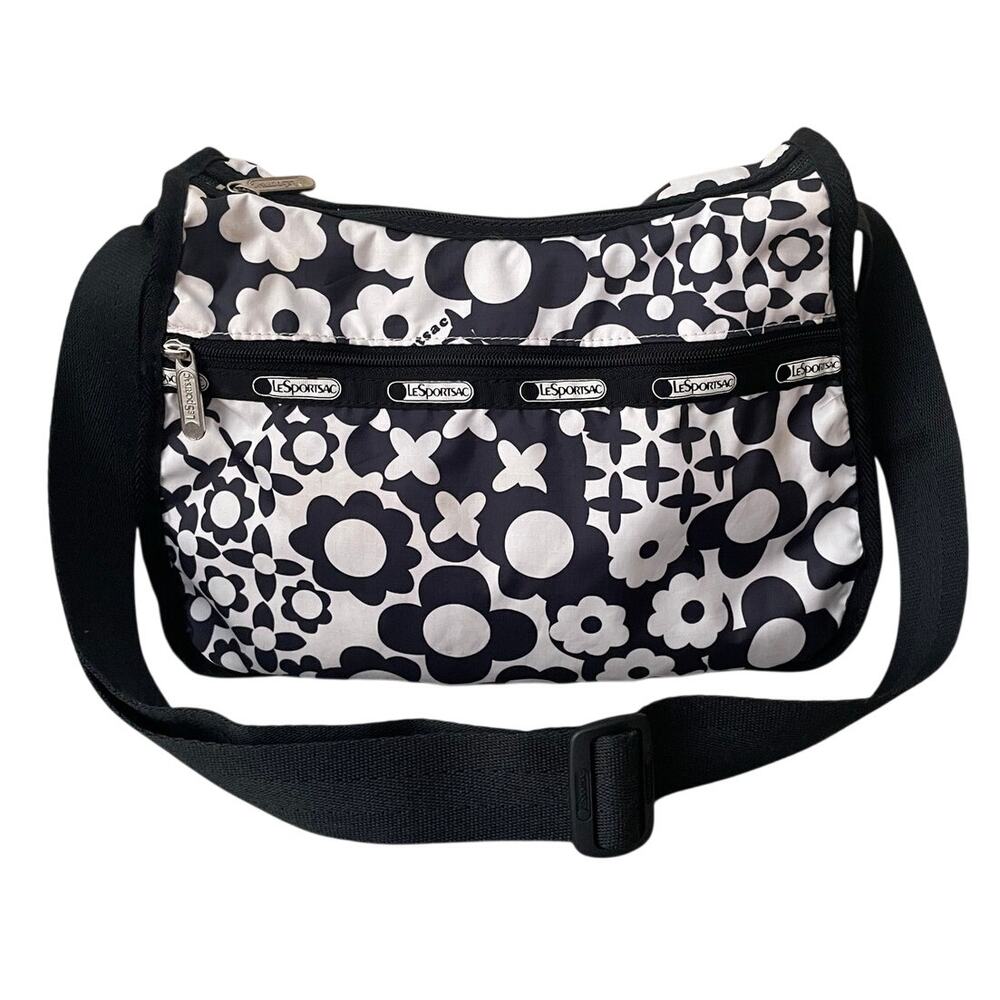 Le SportSac Womens Black White Floral Print Crossbody Bag